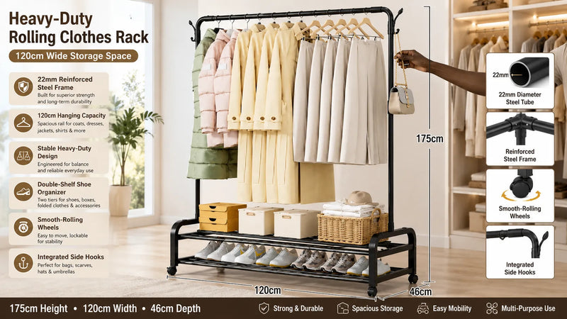 120cm Rolling Clothes Rack with Double Shoe Shelves