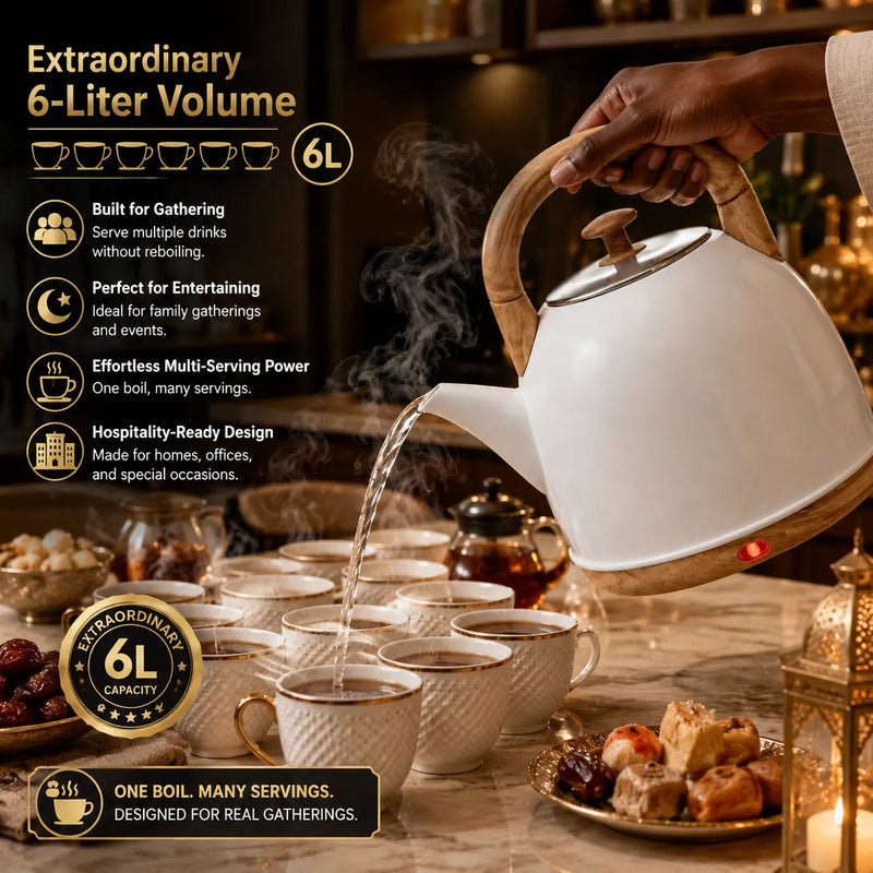 Clatronic 6L electric kettle pouring hot water into multiple teacups showcasing its extraordinary large capacity for family gatherings.