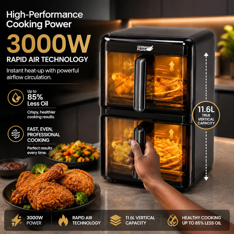 German Plus multi functional air fryer oven showing digital touch control panel and cooking options like baking, roasting, and dehydrating.