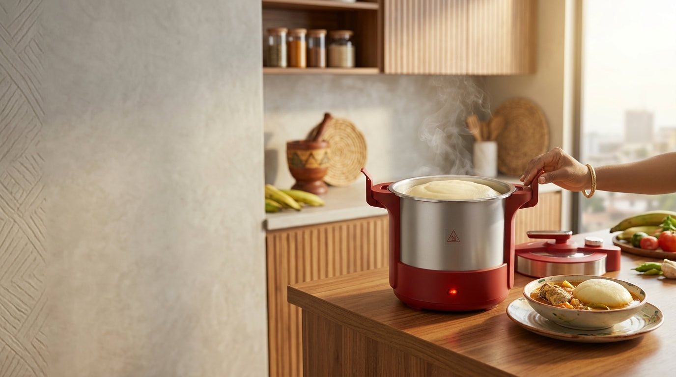 Electric fufu machine preparing smooth fufu at home in Ghana kitchen