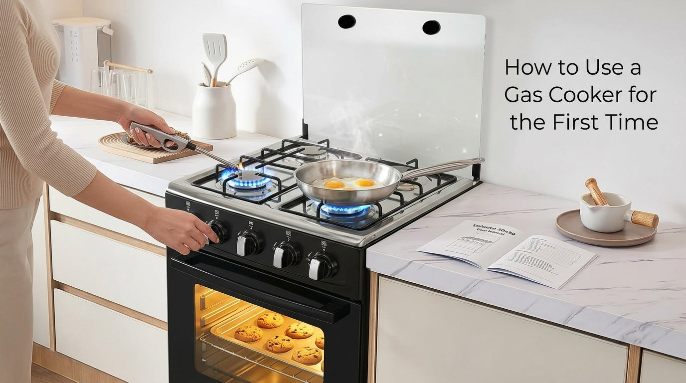 A person using a Volcano gas cooker for the first time in a modern kitchen, safely igniting a burner while the oven is lit.