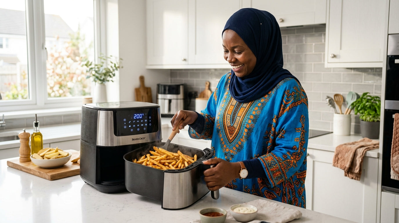 Ghanaian woman preparing food next to silver crest air fryer in modern kitchen