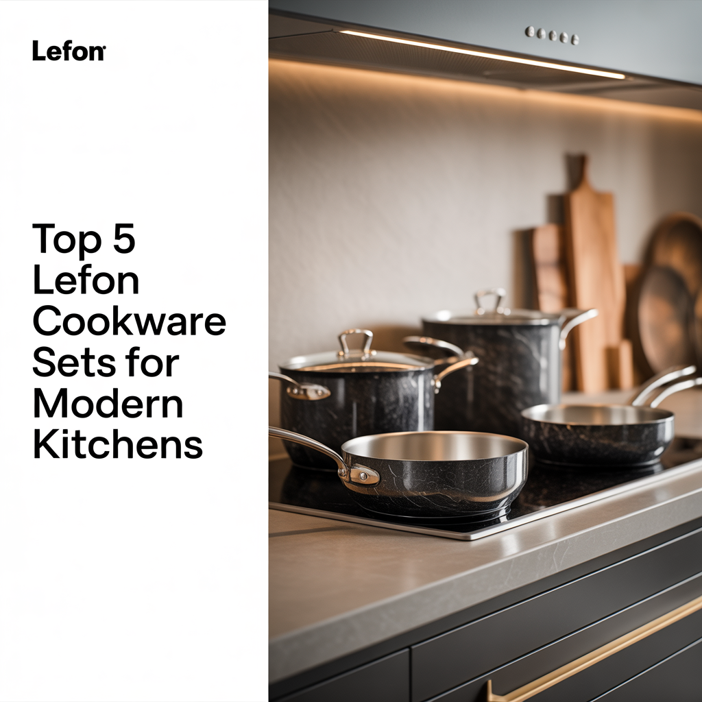 Top 5 LEFON cookware sets displayed in a modern kitchen with marble and granite non-stick pots and pans