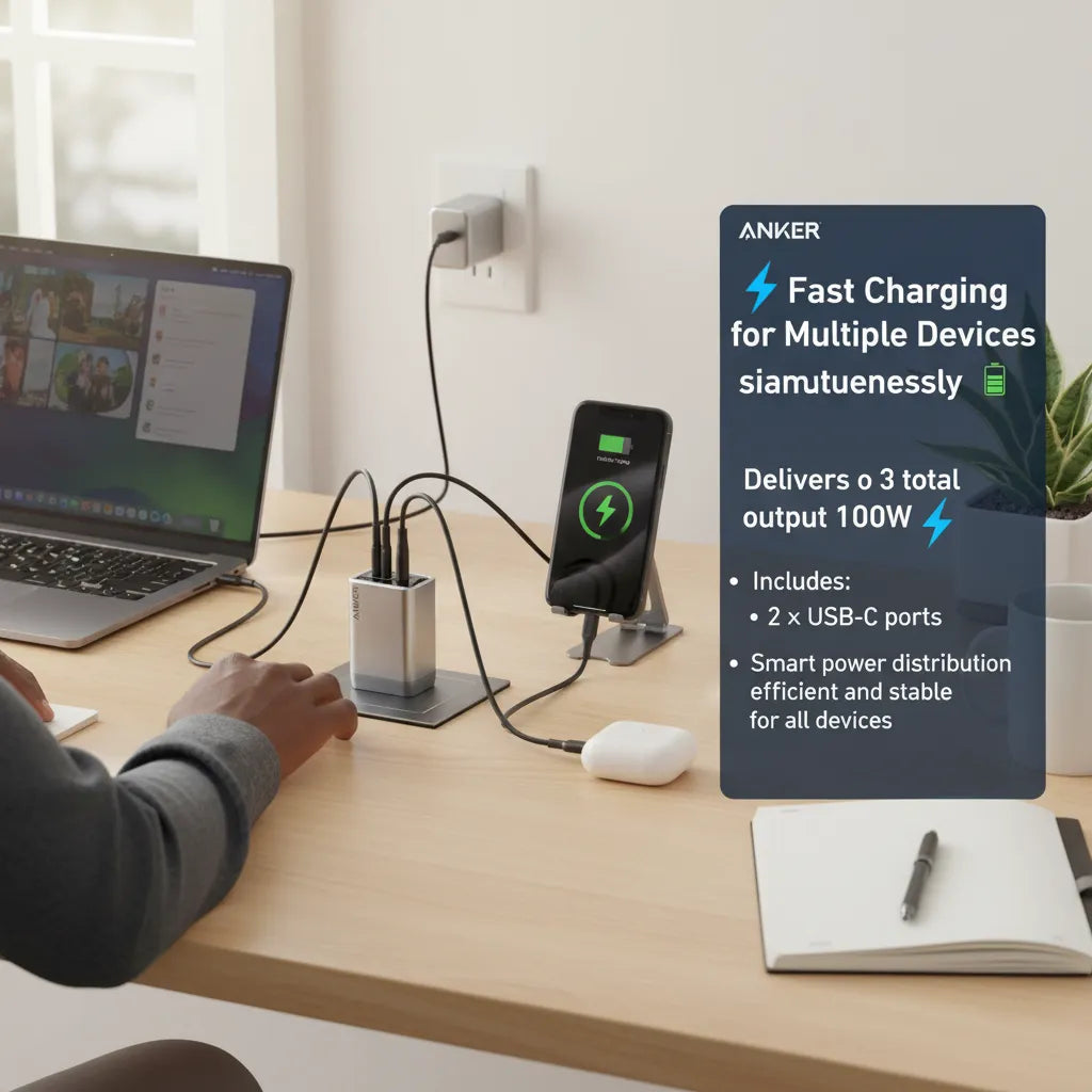🔌 Anker 100W GaN 3-Port Charger – Power, Speed & Control in One 🔥