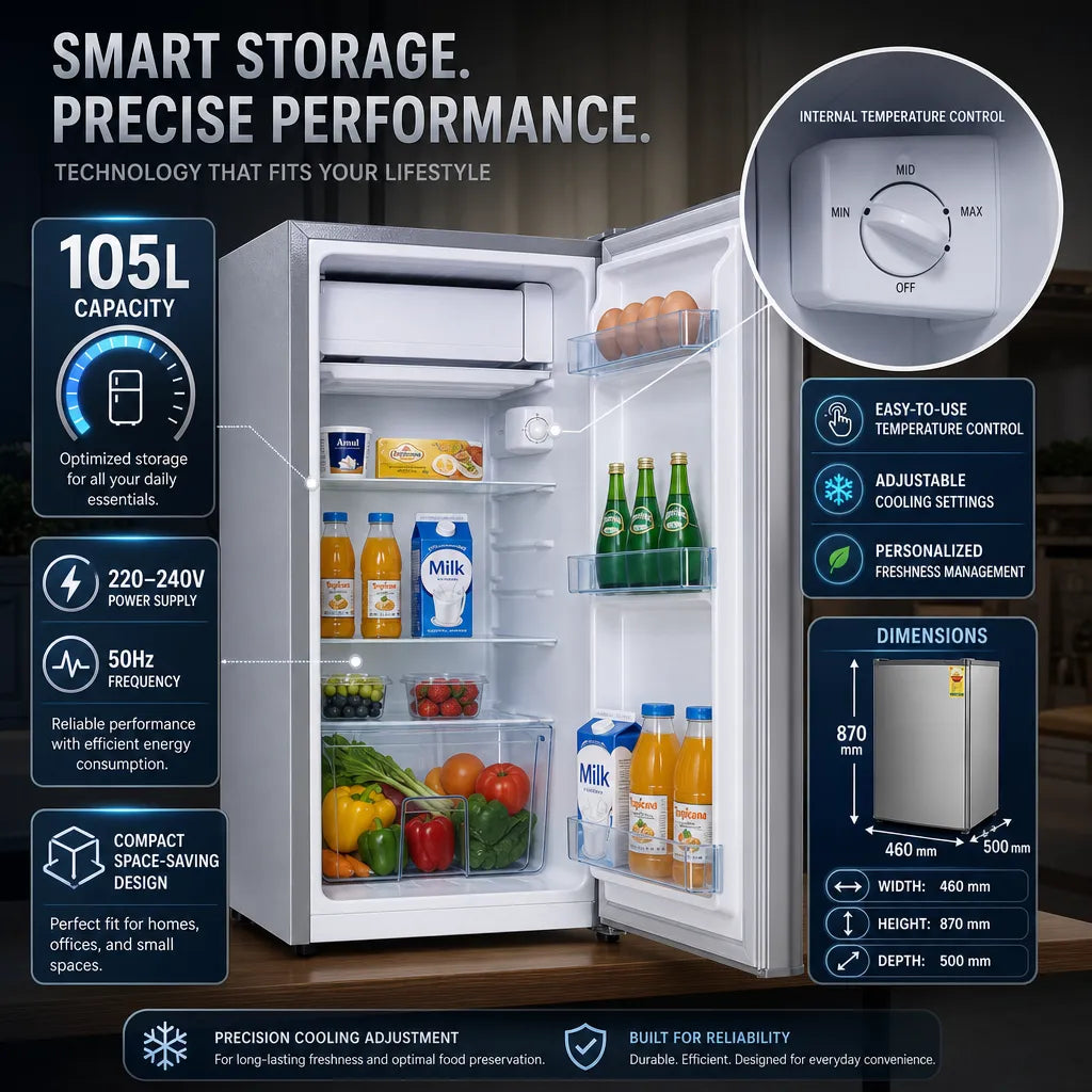 H&A 105L Mini Fridge (BC105) - 87cm Tall, Powerful Cooling - Silver Finish