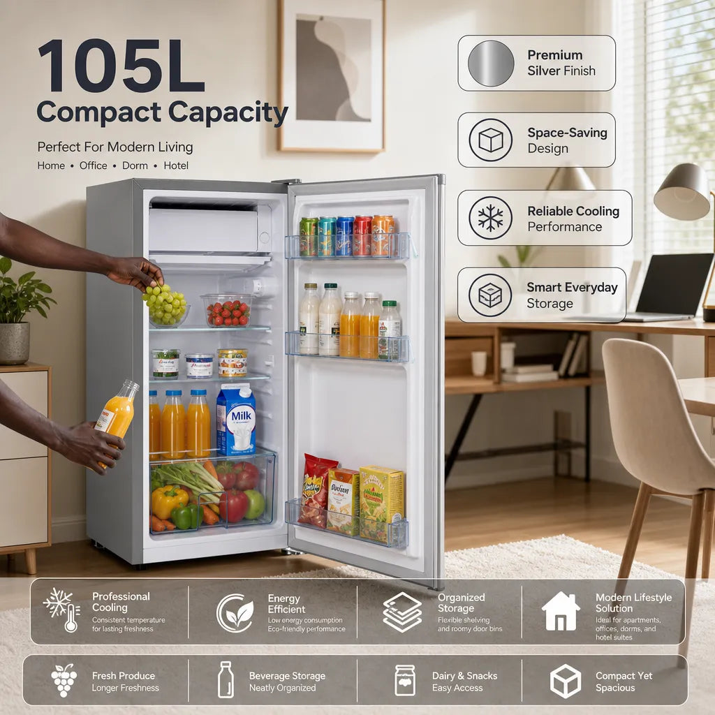 H&A 105L Mini Fridge (BC105) - 87cm Tall, Powerful Cooling - Silver Finish