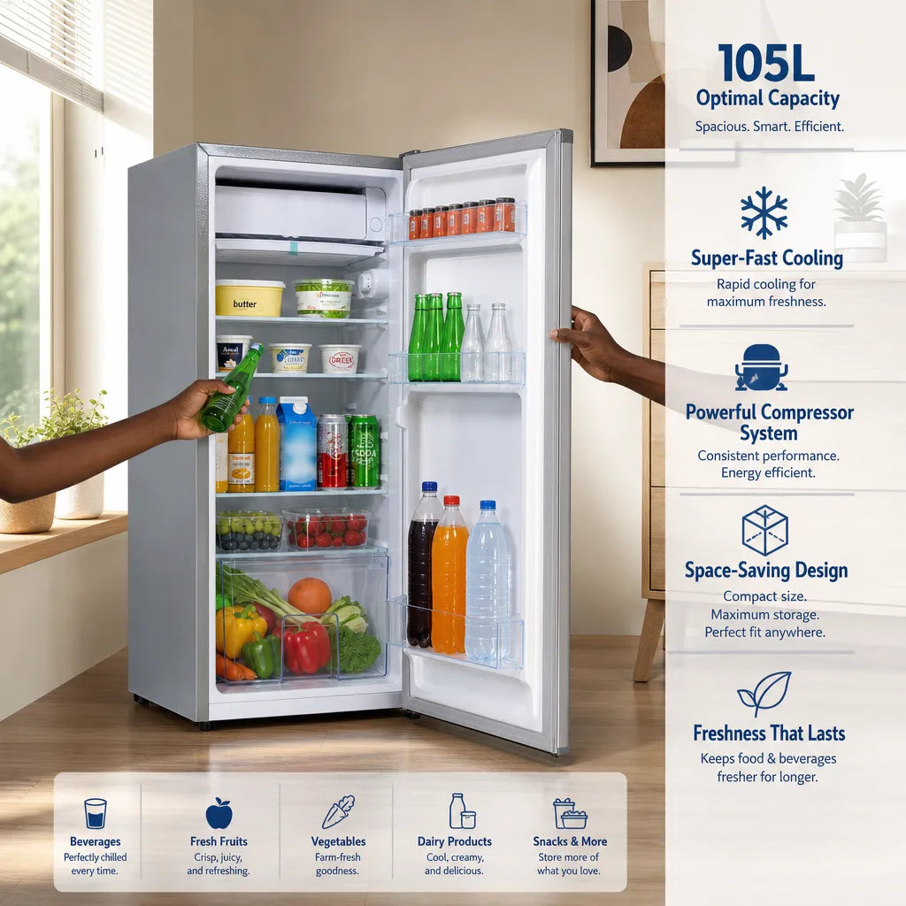 H&A 105L Mini Fridge (BC105) - 87cm Tall, Powerful Cooling - Silver Finish