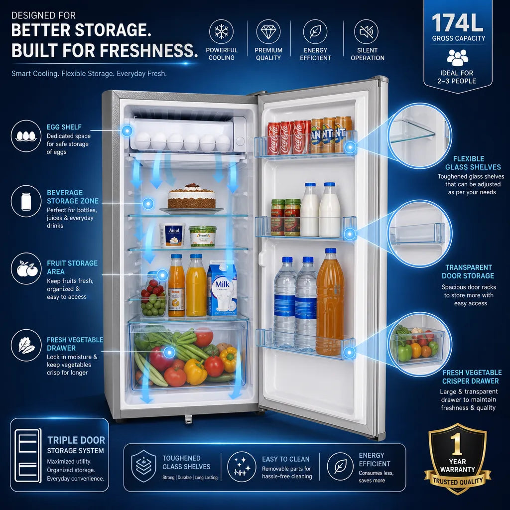 H&A 105L Mini Fridge (BC105) - 87cm Tall, Powerful Cooling - Silver Finish
