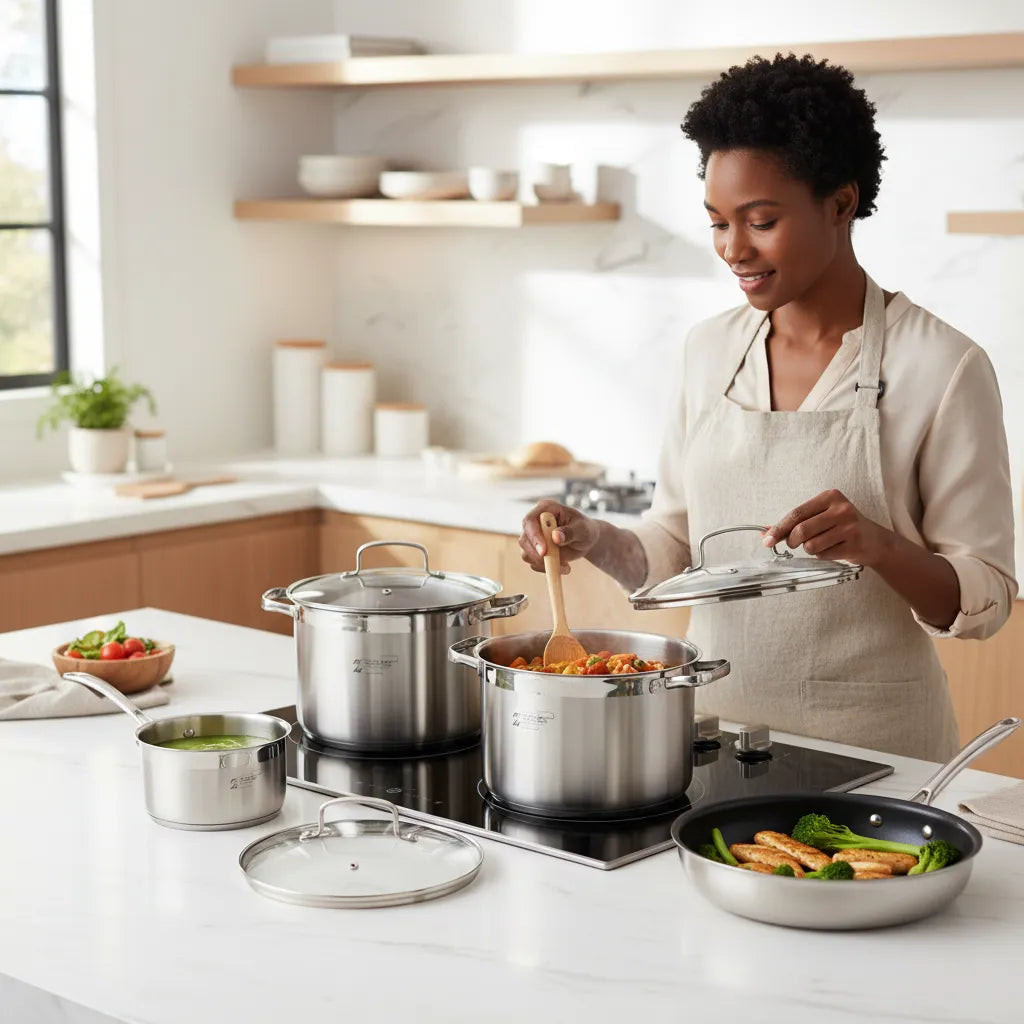 Professional 12-Piece Stainless Steel Cookware Set – Heavy-Duty Pots & Pans with Heat-Resistant Glass Lids🍽️🔥