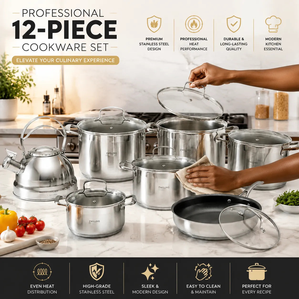 Professional 12-Piece Stainless Steel Cookware Set – Durable Non-Stick Performance