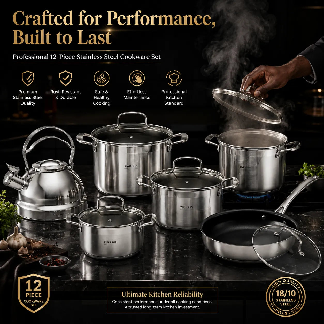 Professional 12-Piece Stainless Steel Cookware Set – Durable Non-Stick Performance