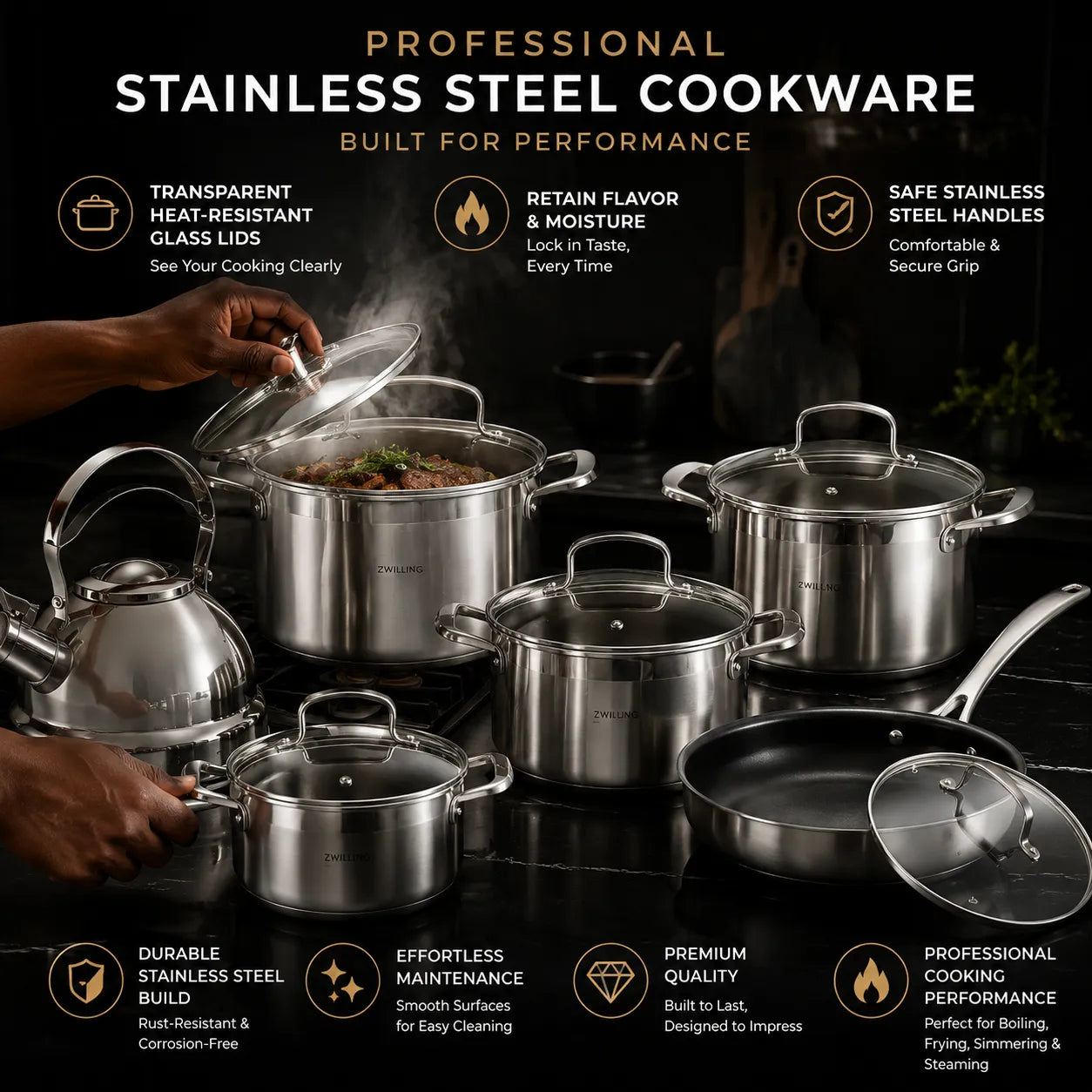 Professional 12-Piece Stainless Steel Cookware Set – Durable Non-Stick Performance