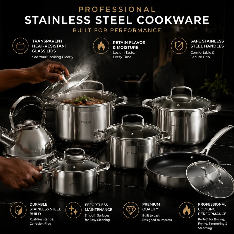 Professional 12-Piece Stainless Steel Cookware Set – Durable Non-Stick Performance