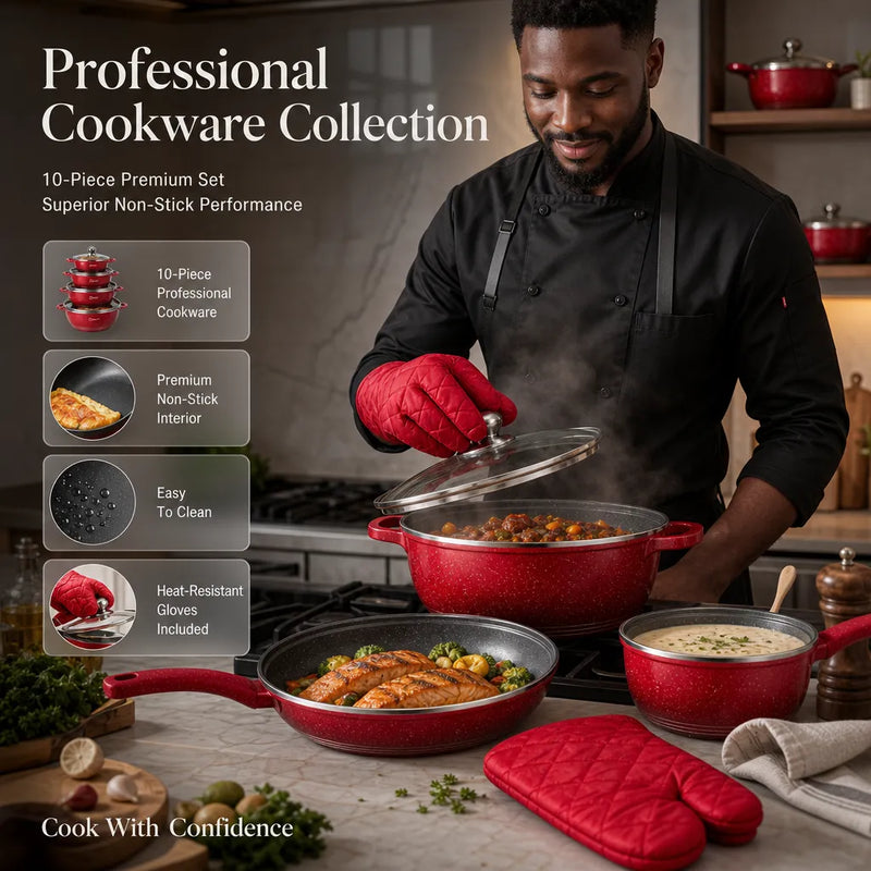 Dessini Professional Granit Cookware Set (10-Piece Pots, Pans & Lids + 2 Oven Gloves)