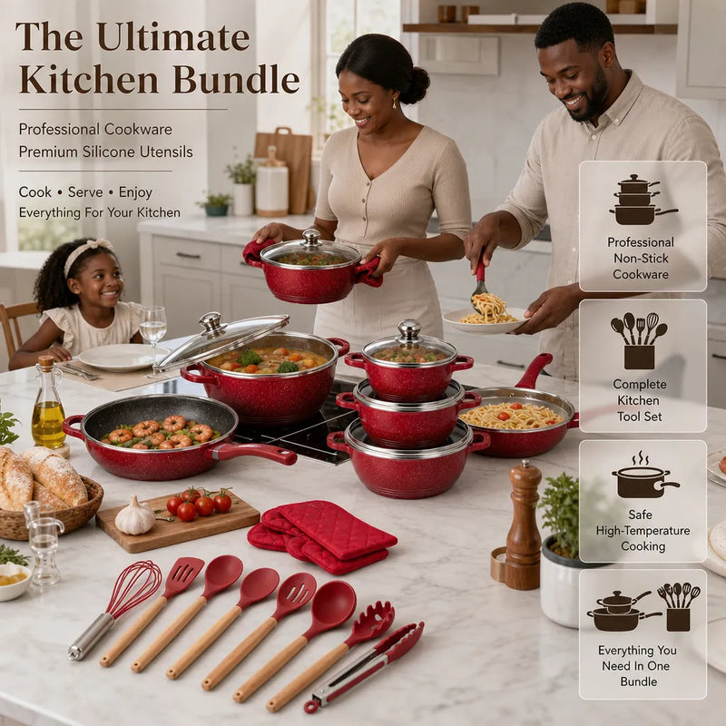 Dessini Professional Granit Cookware Set (10-Piece Pots, Pans & Lids + 2 Oven Gloves)
