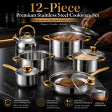 12-Piece Premium Stainless Steel Cookware Set (16cm–24cm Pots)
