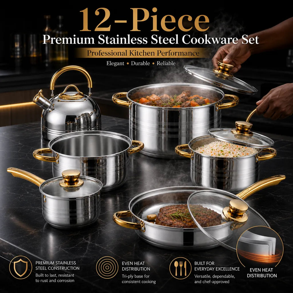 12-Piece Premium Stainless Steel Cookware Set (16cm–24cm Pots)