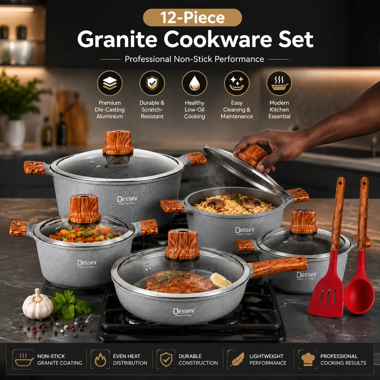 Professional 12-Piece Granite Cookware Set – Non-Stick Kitchen Pots & Pans