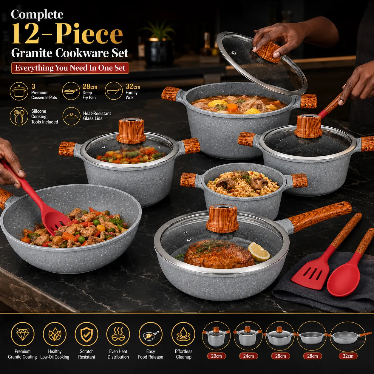 Professional 12-Piece Granite Cookware Set – Non-Stick Kitchen Pots & Pans