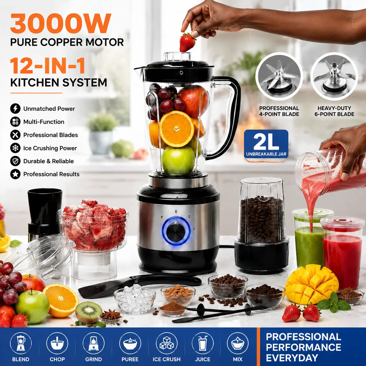 Evimki 12-in-1 Powerful Blender & Food Processor: 3000W Heavy-Duty Kitchen System ⚡🥤