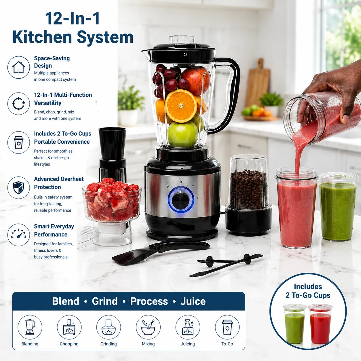 Evimki 12-in-1 Powerful Blender & Food Processor: 3000W Heavy-Duty Kitchen System ⚡🥤