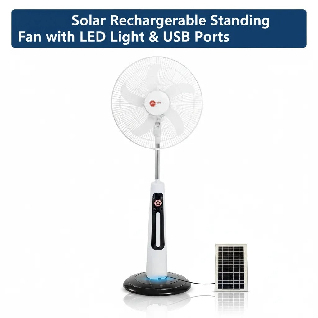 🔥 16-Inch Solar Rechargeable Standing Fan with LED Light & USB Ports – Perfect Home Comfort ☀️💡