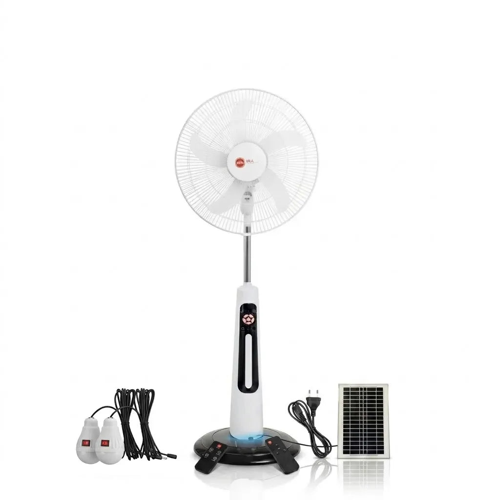 🔥 18-Inch Solar Rechargeable Standing Fan with LED Light & USB Ports – Perfect Home Comfort ☀️💡