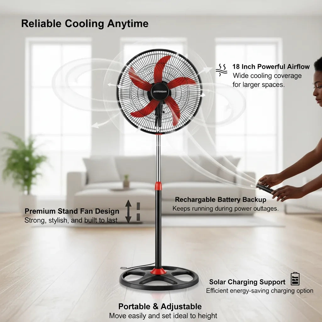 Supernova18" Rechargeable Stand Fan – Solar Ready & Brushless DC Motor for Uninterrupted Cooling
