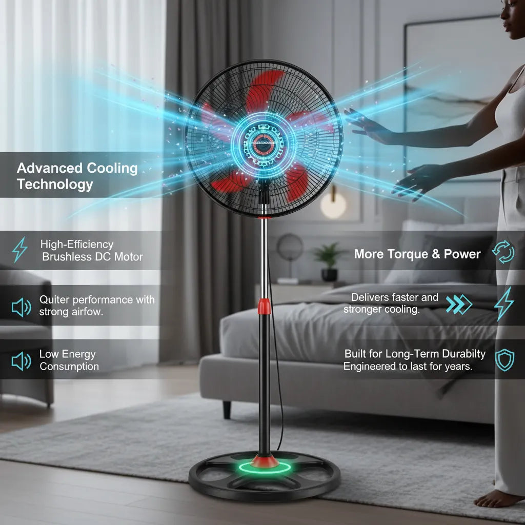 Supernova18" Rechargeable Stand Fan – Solar Ready & Brushless DC Motor for Uninterrupted Cooling