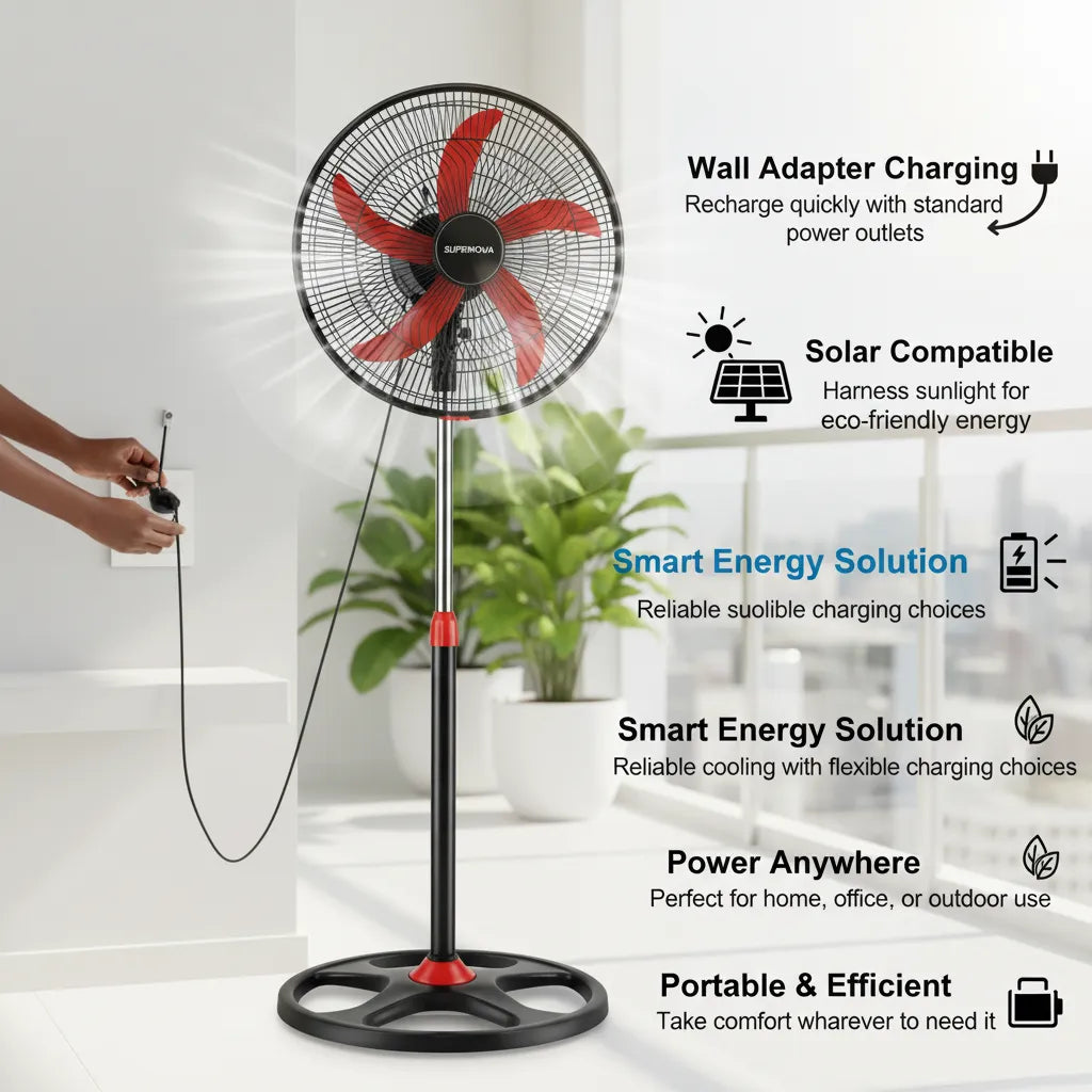Supernova18" Rechargeable Stand Fan – Solar Ready & Brushless DC Motor for Uninterrupted Cooling