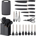 19-Piece Silicone Kitchenware Set with Black Knives and Wooden Handles