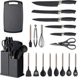 19-Piece Silicone Kitchenware Set with Black Knives and Wooden Handles