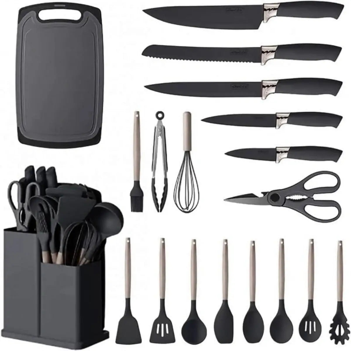 19-Piece Silicone Kitchenware Set with Black Knives and Wooden Handles