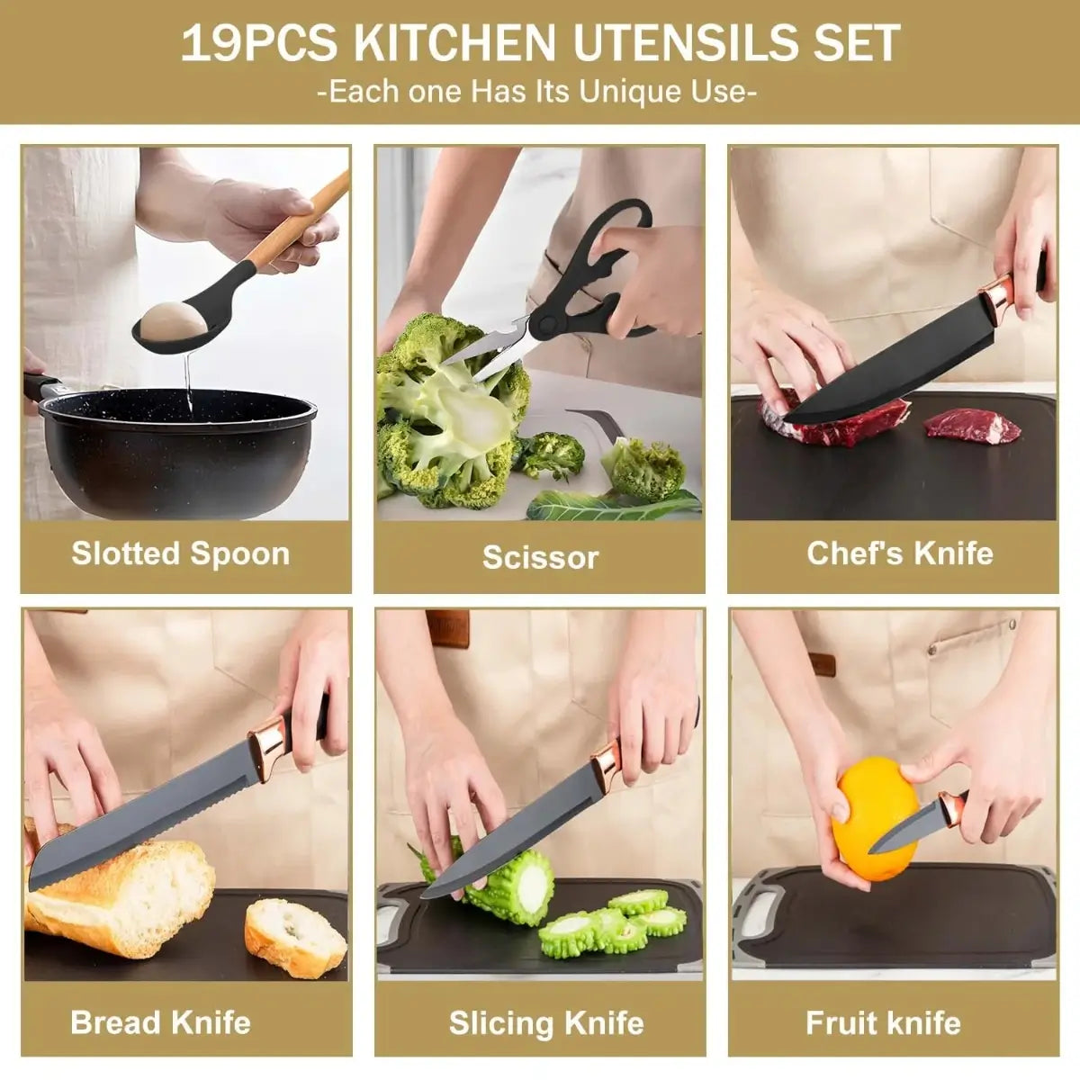 19-Piece Silicone Kitchenware Set with Black Knives and Wooden Handles