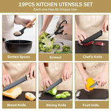 19-Piece Silicone Kitchenware Set with Black Knives and Wooden Handles