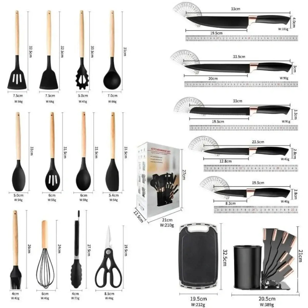 19-Piece Silicone Kitchenware Set with Black Knives and Wooden Handles