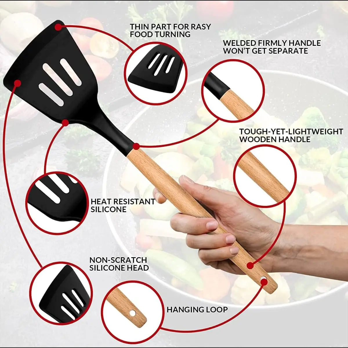 19-Piece Silicone Kitchenware Set with Black Knives and Wooden Handles