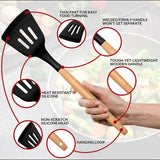 19-Piece Silicone Kitchenware Set with Black Knives and Wooden Handles