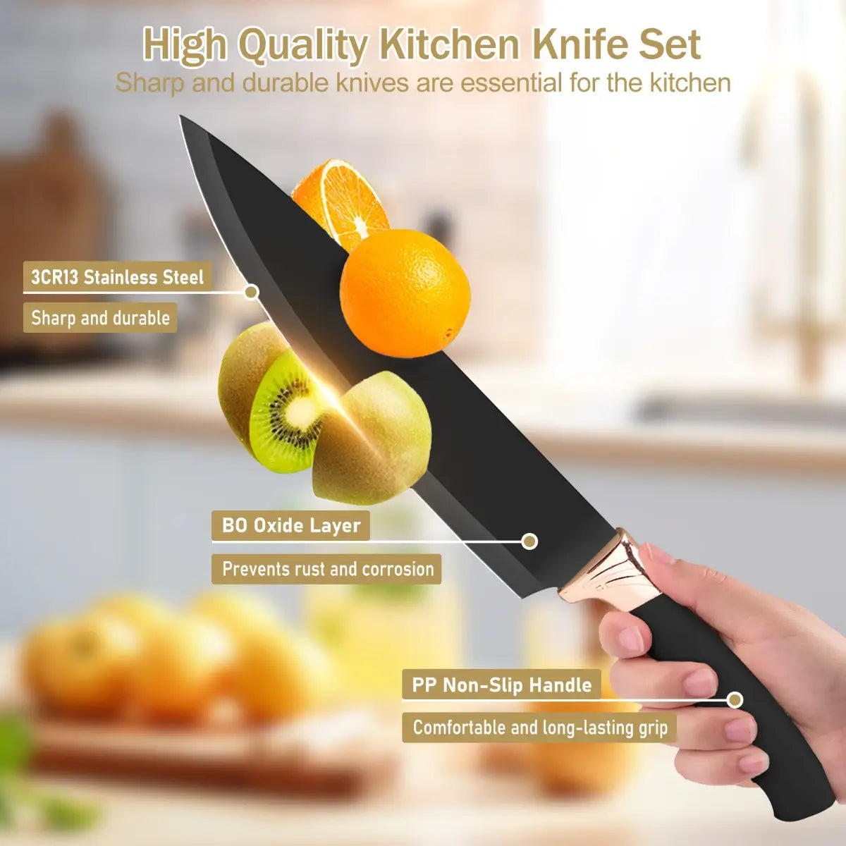 19-Piece Silicone Kitchenware Set with Black Knives and Wooden Handles