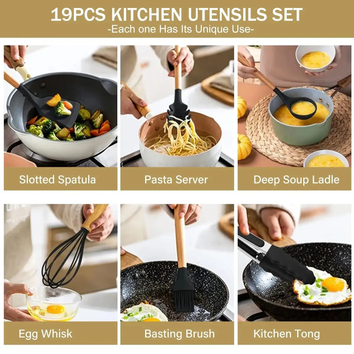 19-Piece Silicone Kitchenware Set with Black Knives and Wooden Handles