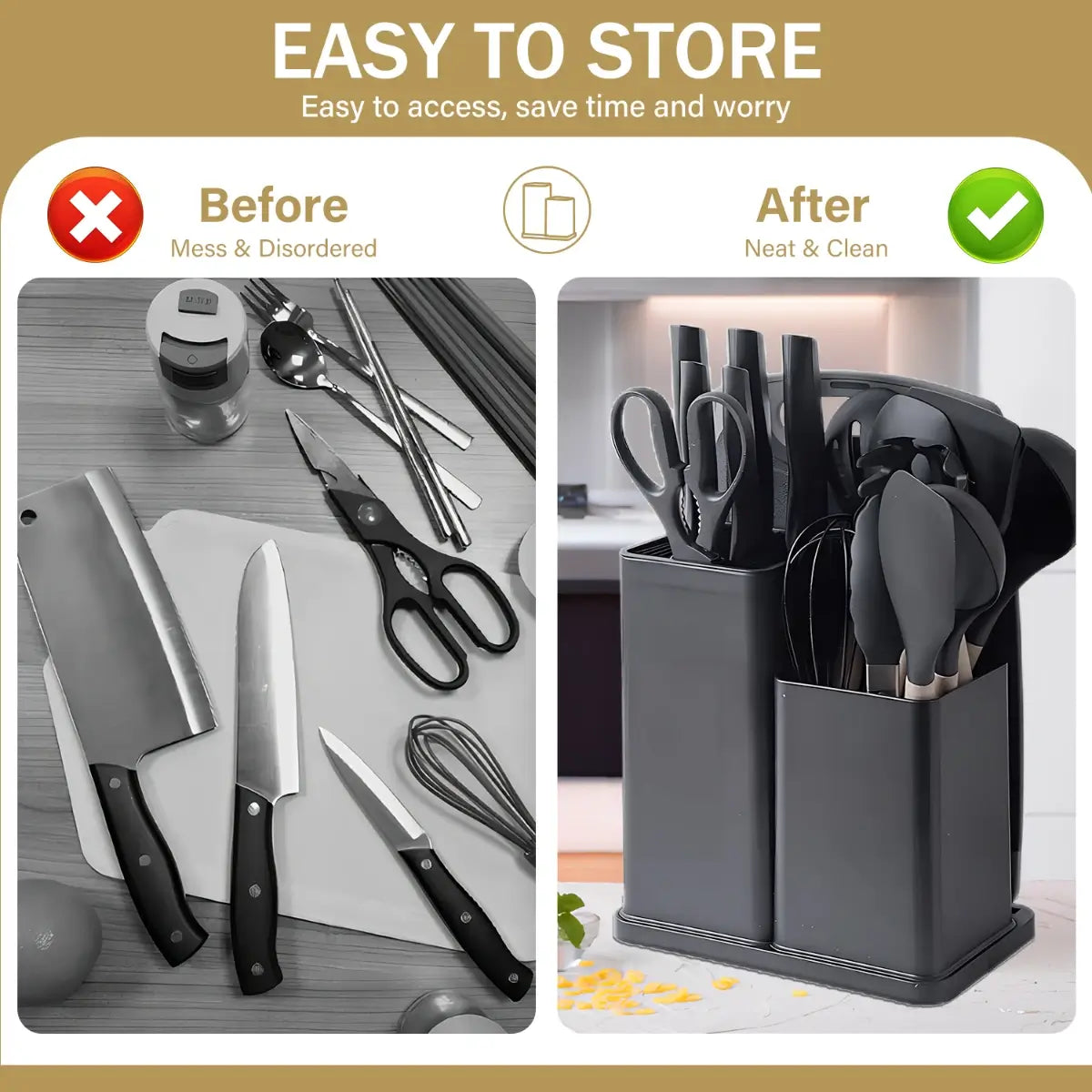 19-Piece Silicone Kitchenware Set with Black Knives and Wooden Handles