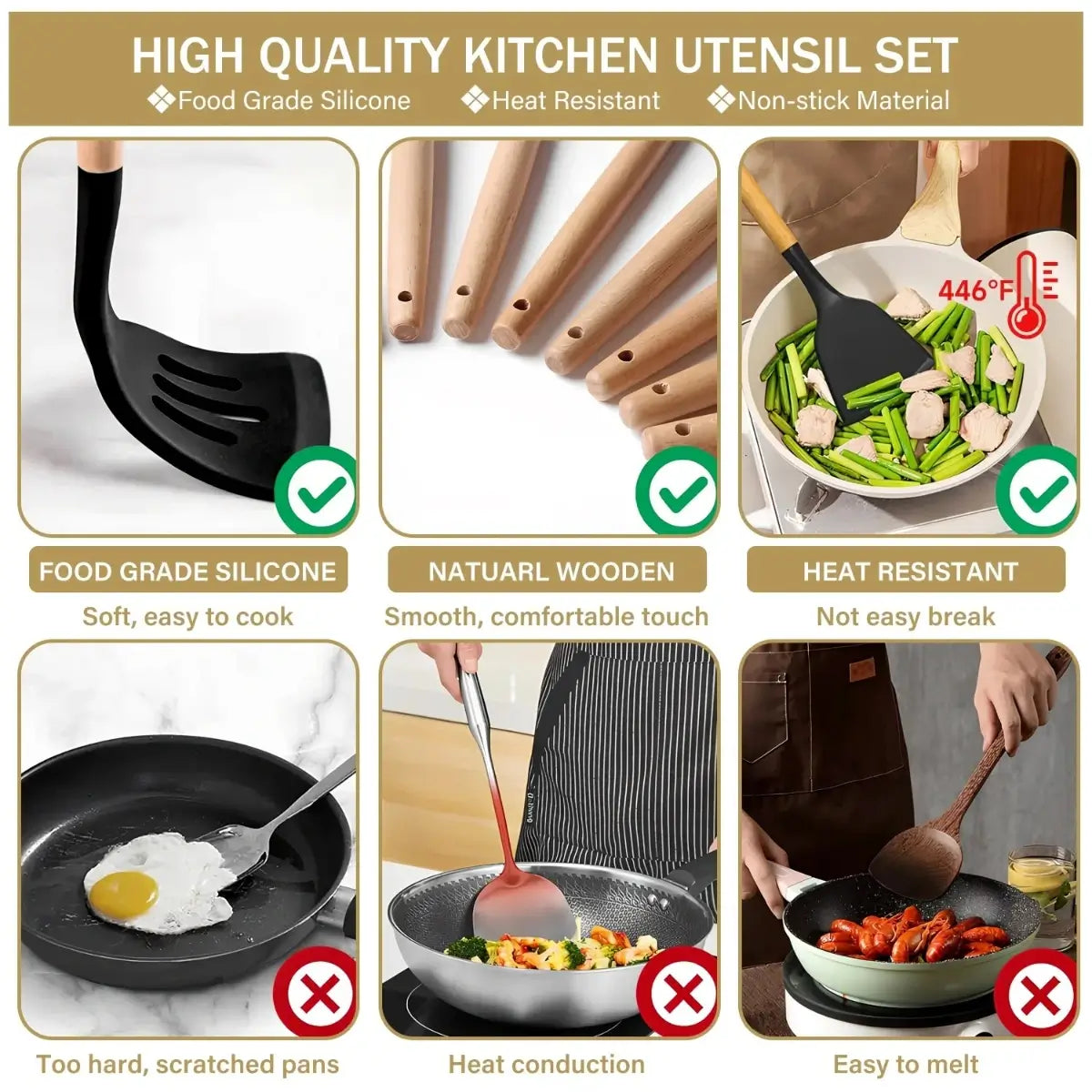 19-Piece Silicone Kitchenware Set with Black Knives and Wooden Handles