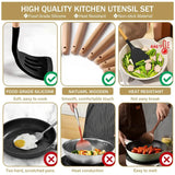 19-Piece Silicone Kitchenware Set with Black Knives and Wooden Handles