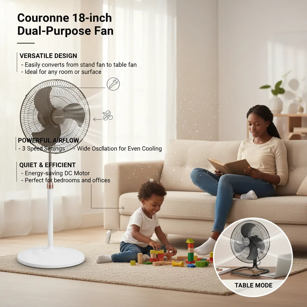 Couronne 18 Inch 2-in-1 Fan | 180° Oscillation & Energy Efficient (50-100W) 🌬️
