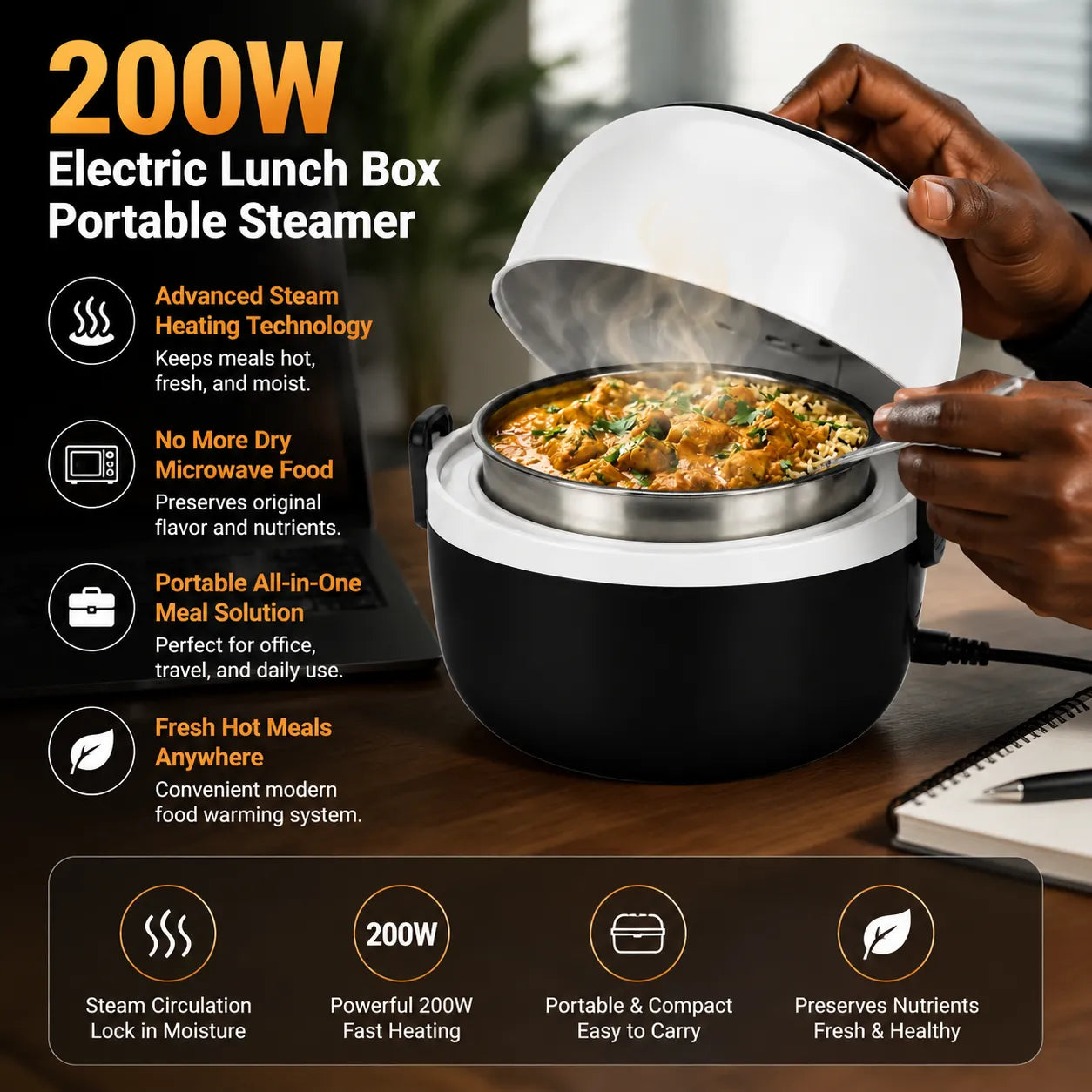 200W Multifunctional Electric Lunch Box & Food Steamer | 1L Capacity