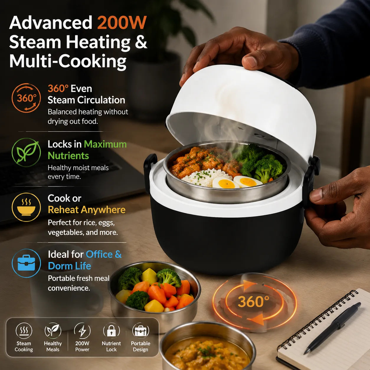 200W Multifunctional Electric Lunch Box & Food Steamer | 1L Capacity