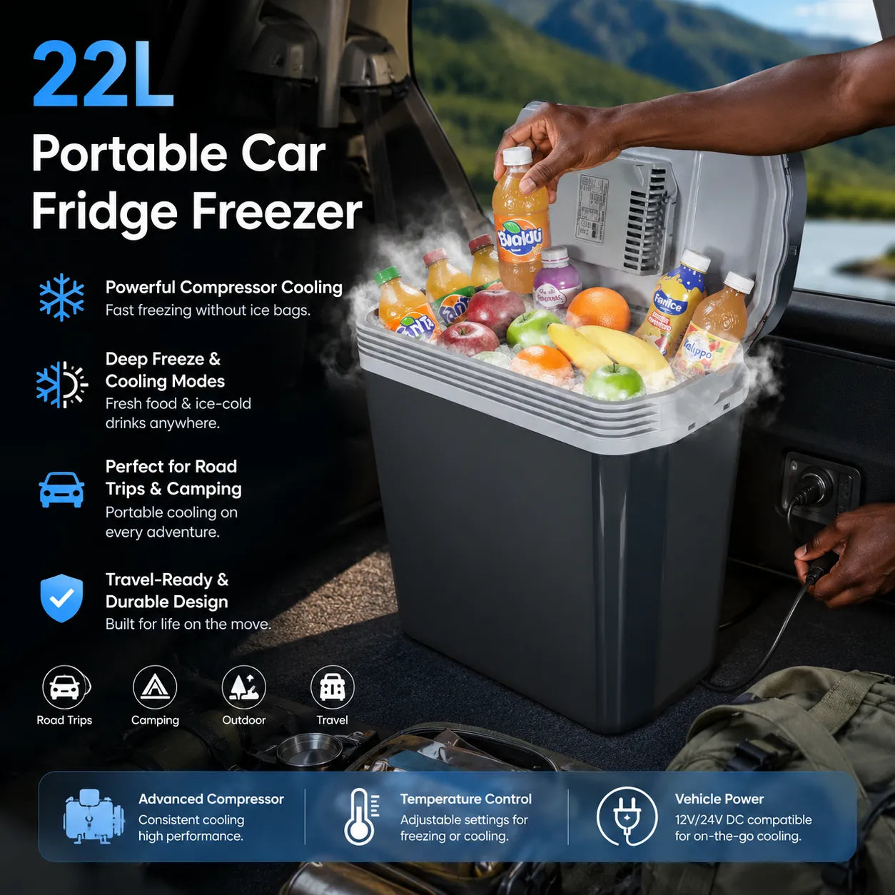 22L Portable Car Refridgerator –Dual Function Cooler & Warmer for Vehicles, Camping, Travel & Outdoor Use