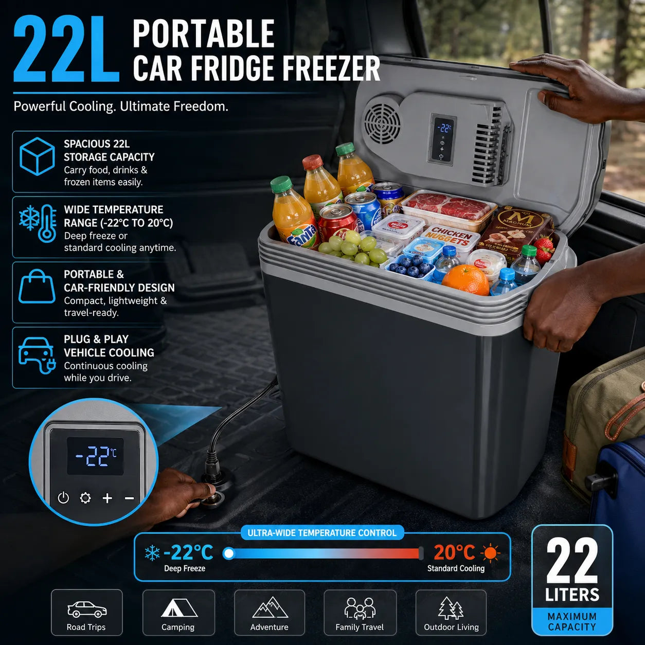 22L Portable Car Refridgerator –Dual Function Cooler & Warmer for Vehicles, Camping, Travel & Outdoor Use