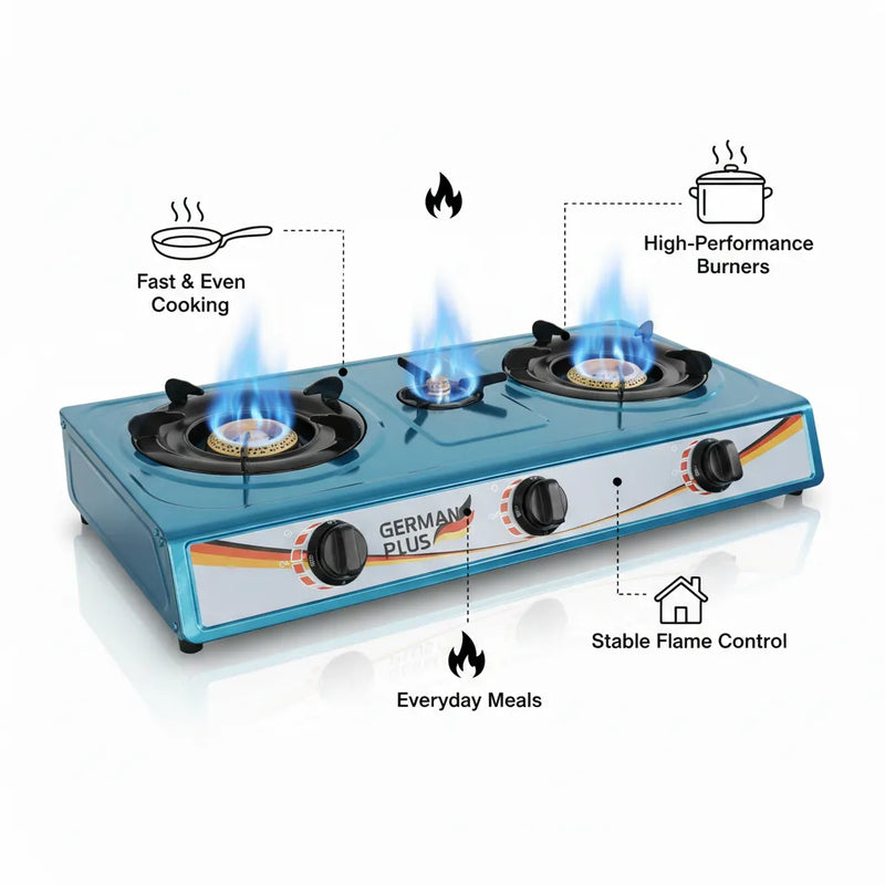 German Plus 3-Burner Gas Stove – Strong Flame, Modern Design & Energy Saving ♻️