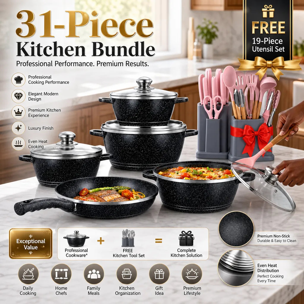 31-Piece Ultimate Kitchen Essentials Bundle: Lefon Cookware Set + Free 19-Piece Utensil Gift